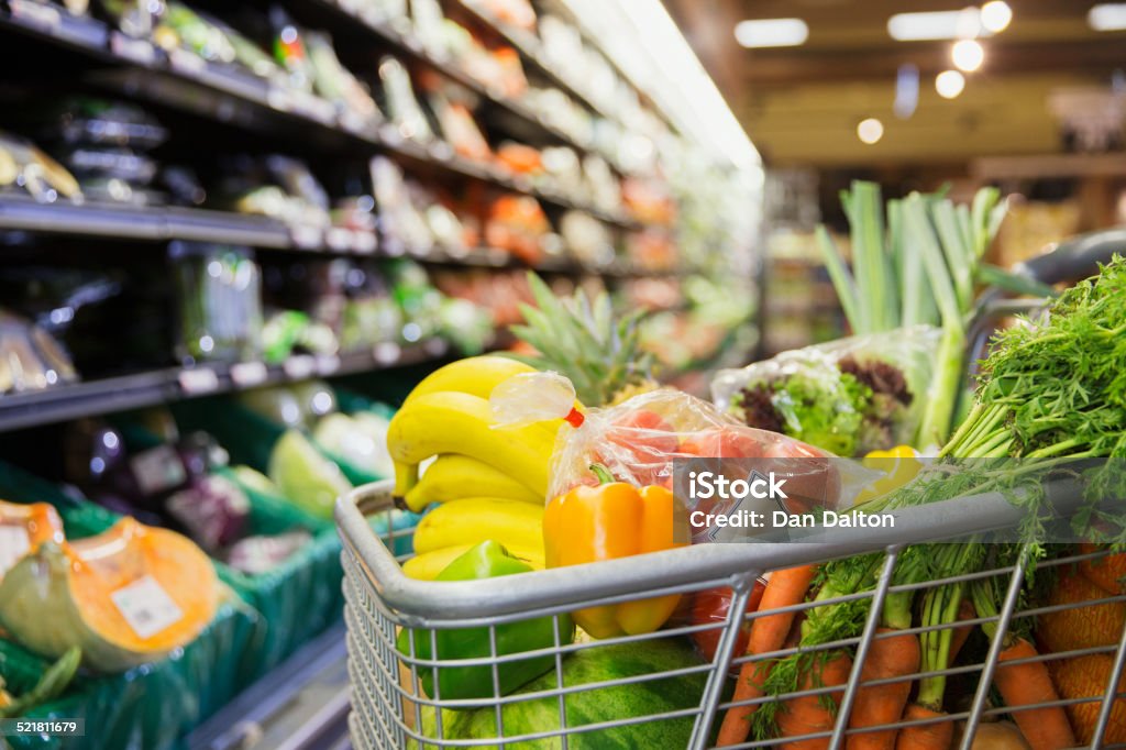 Close up of full shopping cart in grocery store  Abundance Stock Photo