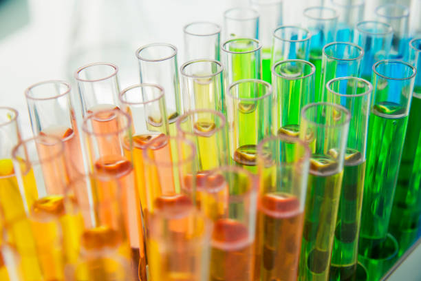 istock Close up of rack of test tubes with solution in lab 521812455