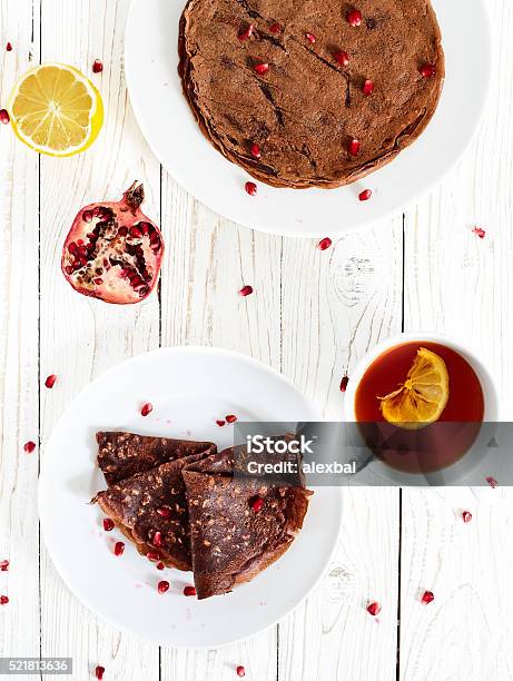 Chocolate Crepes With Oatmeal Stock Photo - Download Image Now - Crêpe - Pancake, Pomegranate, Baked