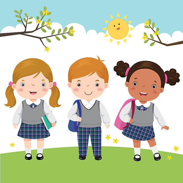 Three kids in school uniform going to school Vector illustration of three kids in school uniform going to school schoolgirl uniform stock illustrations