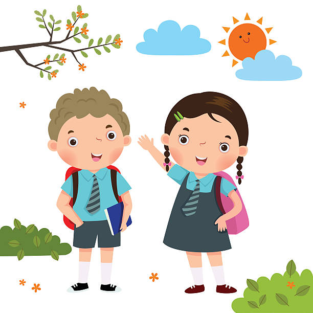 Two kids in school uniform going to school vector art illustration