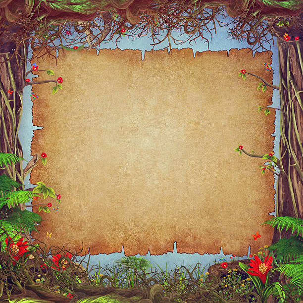 wunderschöne waldlandschaft szene mit papier-hintergrund in der mitte - frame copy space fantasy scroll stock-grafiken, -clipart, -cartoons und -symbole