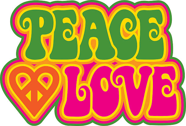 Peace and Love Peace and Love retro-styled outlined text design with a peace-heart symbol in green, magenta, orange and yellow. Type style is my own design. peace stock illustrations