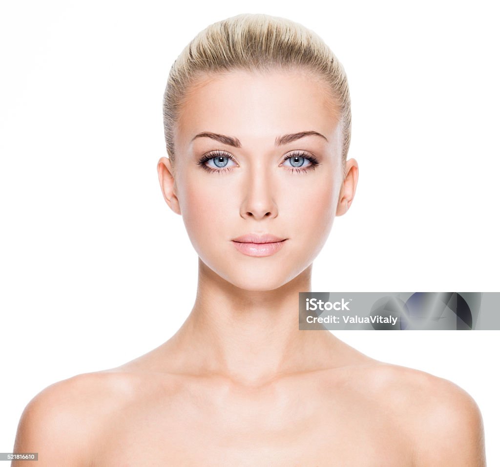 Beautiful young woman with beautiful blue eyes Front portrait of beautiful young woman with beautiful blue eyes and face - on white background Women Stock Photo