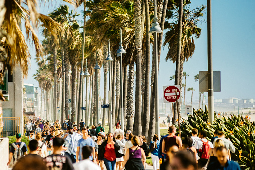 Crowded Venice Beach Broadwalk in Los Angeles. California.