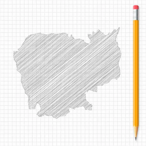 Vector illustration of Cambodia map sketch with pencil on grid paper