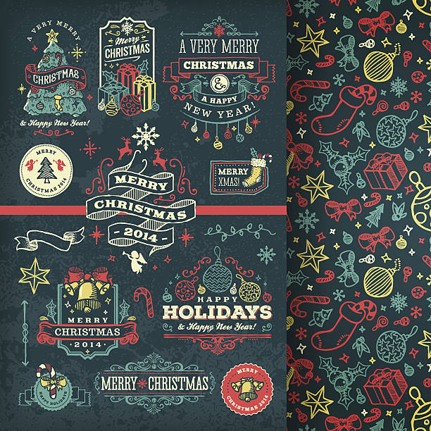 illustrazioni stock, clip art, cartoni animati e icone di tendenza di disegnati a mano lavagna natale etichette & badge - blackboard christmas retro revival old fashioned