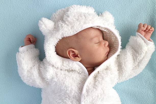 Baby winter teddy bear snow suit Baby in teddy bear suit kids winter fashion stock pictures, royalty-free photos & images