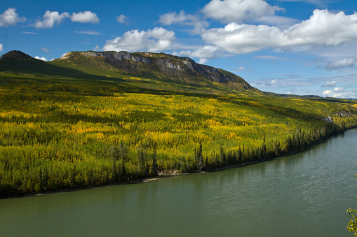Liard River flows through foothills immersed in fall colors, northern British Columbia, Canada