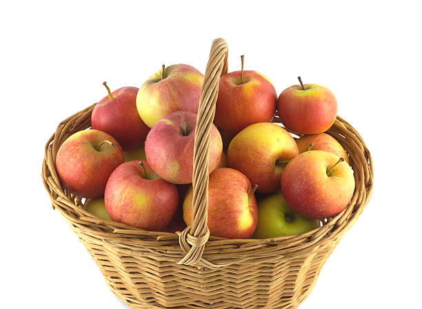 istock Ripe apples in wicker basket isolated 521822403
