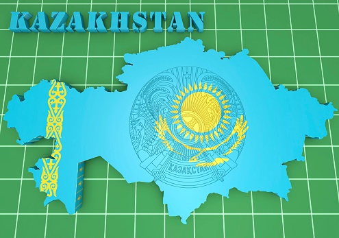 3d map illustration of Kazakhstan with flag and coat of arms