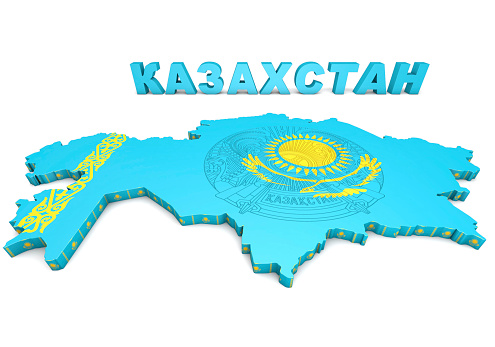 3d map illustration of Kazakhstan with flag and coat of arms