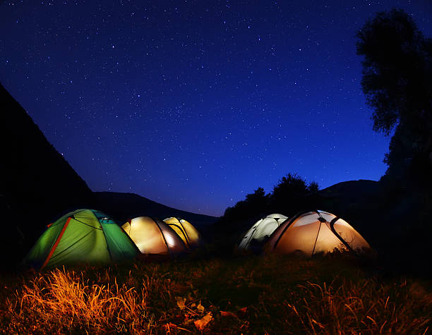 istock Tents glow at night   in the forest 521827887