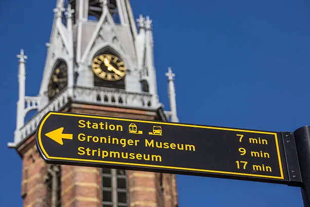 Tourist sign near the Jozef cathedral in Groningen, The Netherlands