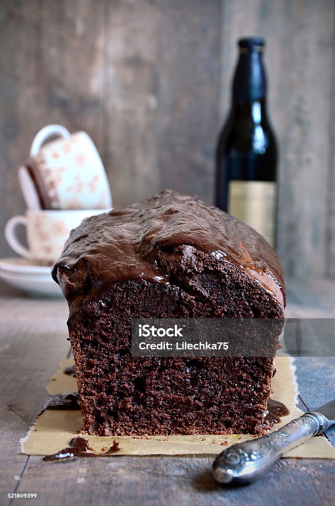 Chocolate beer cake. Chocolate beer cake on rustic background. Beer - Alcohol Stock Photo