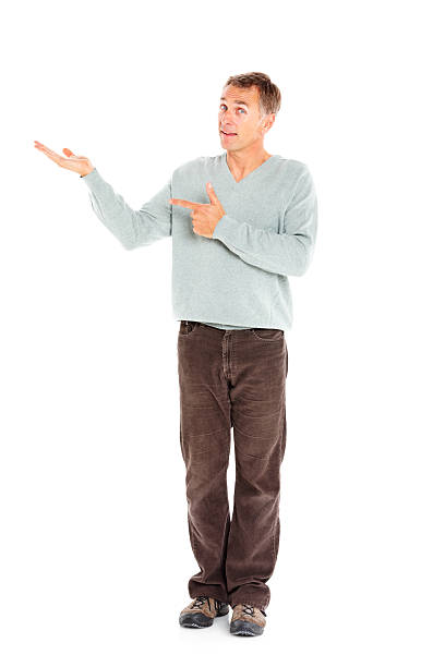 Mature man presenting you an awesome product isolated on white background