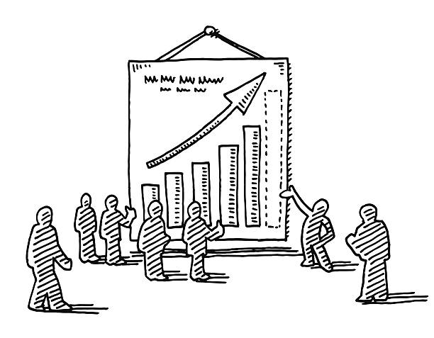 Business Presentation Poster Success Graph Drawing Hand-drawn vector drawing of a Business Presentation with Businesspeople looking at a Poster with a Success Graph. Black-and-White sketch on a transparent background (.eps-file). Included files are EPS (v10) and Hi-Res JPG. shadow team business business person stock illustrations