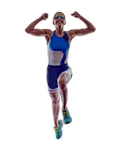 woman triathlon ironman athlete runner running  on white background