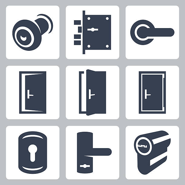 Door and accessory equipment vetor icons set Door and accessory equipment vetor icons set door handle stock illustrations