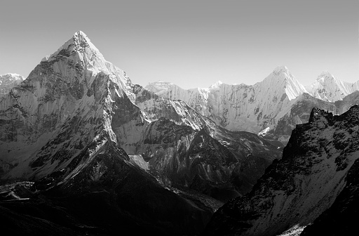 Spectacular mountain scenery on the Mount Everest Base Camp trek through the Himalaya, Nepal in black and white