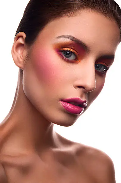 Beauty fashion female model with pink blush and lips