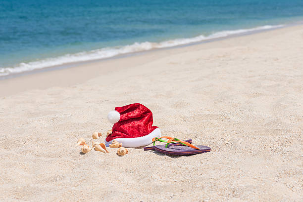 istock Tropical Christmas on a sandy beach with blue sea background 521875907
