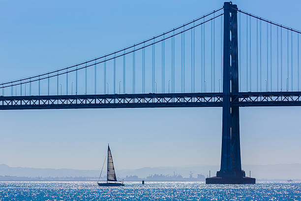 San Francisco Bay bridge sailboat from Pier 7 in California USA