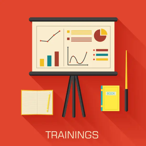 Vector illustration of training. Analytics business desk infographic with book and notepad
