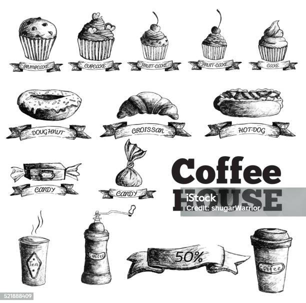 Sketch Set Drawn Stylized Hand Painted Background Cofee House Menu Stock Illustration - Download Image Now