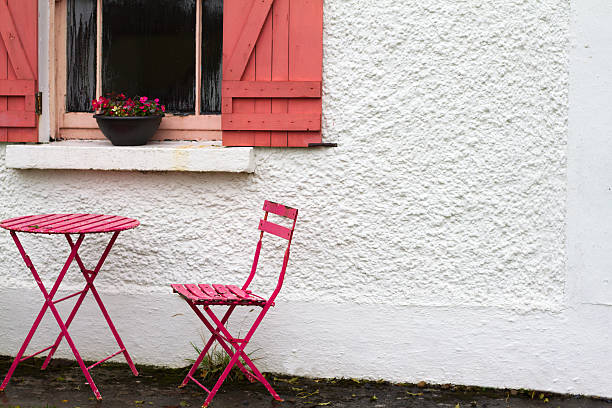 Irish style: a detail of a white cottage with pink shutters. Copy space on the white wall.