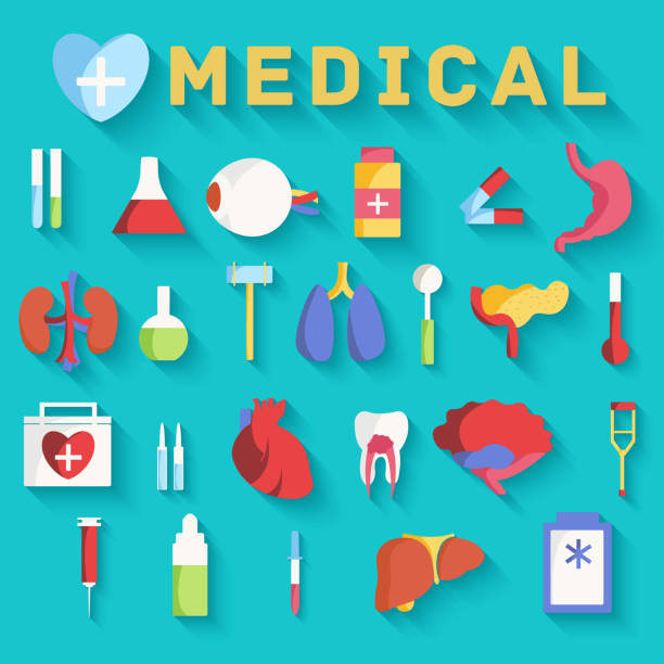 ilustraciones, imágenes clip art, dibujos animados e iconos de stock de equipo conjunto de iconos plana médicos background. vector illustration design concept - human artery audio