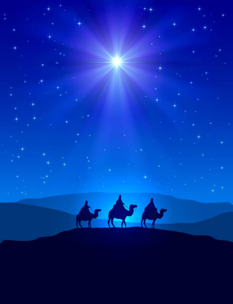 ilustraciones, imágenes clip art, dibujos animados e iconos de stock de christmas estrellas en cielo azul y tres reyes magos - reyes magos