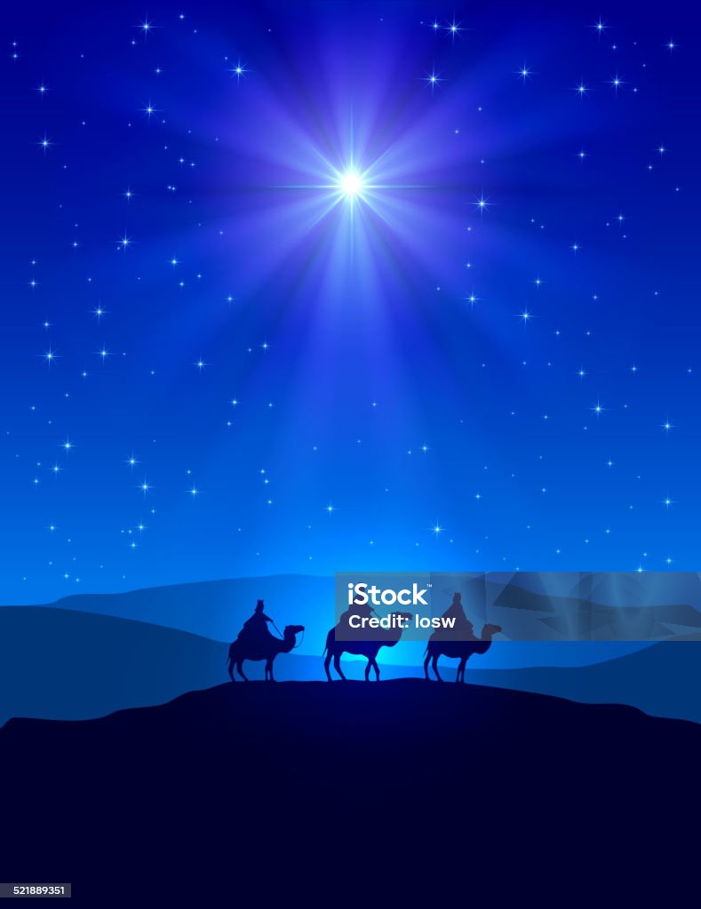 Christmas star on blue sky and three wise men Christian Christmas night with shining star on blue sky and three wise men, illustration. Three Wise Men stock vector