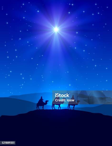 Christmas Star On Blue Sky And Three Wise Men Stock Illustration - Download Image Now - Three Wise Men, Nativity Scene, Christmas