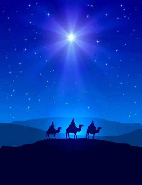 Vector illustration of Christmas star on blue sky and three wise men