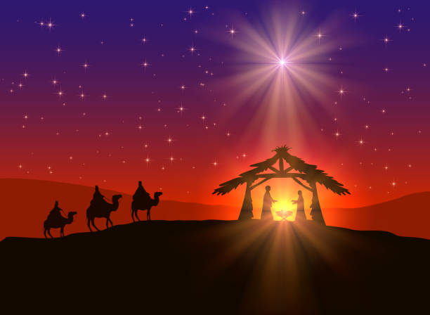 Christian Christmas background with star Abstract background, Christian Christmas scene with shining star in the sky, birth of Jesus, and three wise men on camels, illustration..This is EPS10 file. Illustration contains a transparency blends.  god and jesus stock illustrations