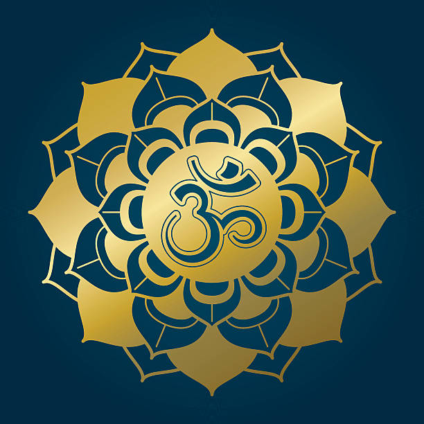 ilustrações, clipart, desenhos animados e ícones de golden lotus mandala com om syllable - om symbol lotus hinduism symbol
