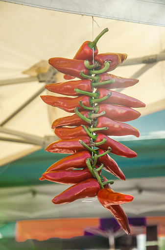 Typical Piments d'Espelette hanging on a tent to be sold.