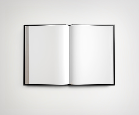 Open blank textbook on white gradient background