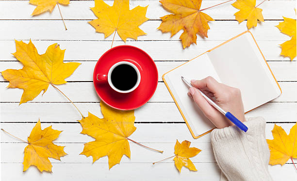 istock Female hand writing something in notebook near cup of coffee. 521892025