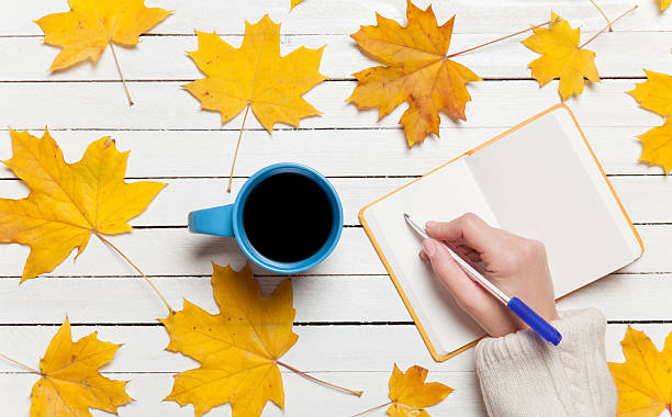 istock Female hand writing something in notebook near cup of coffee. 521892027