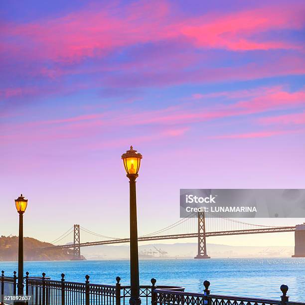 San Francisco Bay Bridge From Pier 7 California Stock Photo - Download Image Now - Architecture, Bay of Water, Blue