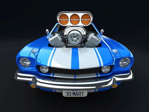 3D model of Blue Cartoon Muscle Car with 2 white stripes on body on dark Background. Front wide camera angle view