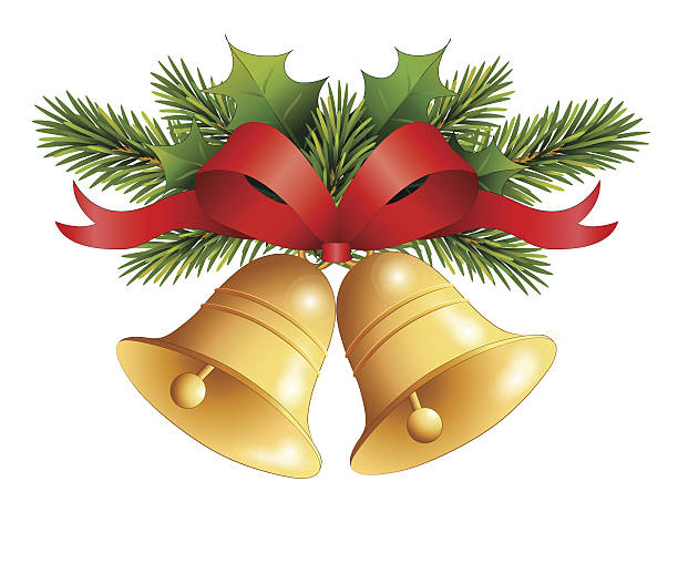 gold christmas bell mit roter schleife auf tanne dekor - lampionpflanze stock-grafiken, -clipart, -cartoons und -symbole