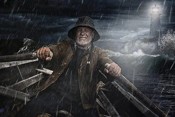 Old Man and the Sea. Salty Dog rowing towards a lighthouse in a storm
