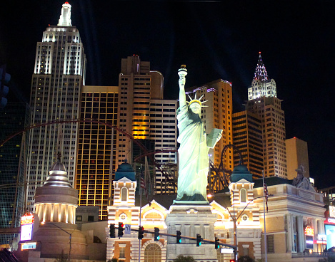 Las Vegas, NV, United States - October 20, 2014: View of the New York Hotel Casino illuminated at night. New York Hotel Casino creating the impressive New York City skyline with skyscraper towers and Statue of Liberty.