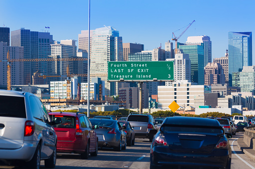 San Francisco city traffic in rush hour with downtown skyline California USA