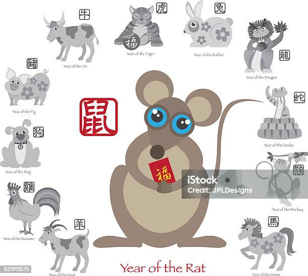 Chinese New Year Rat Color With Twelve Zodiacs Vector Illustration Stock Illustration - Download Image Now