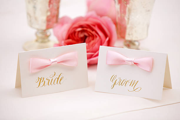 istock Bride and Groom Place Cards with flowers Wedding Reception 521913587