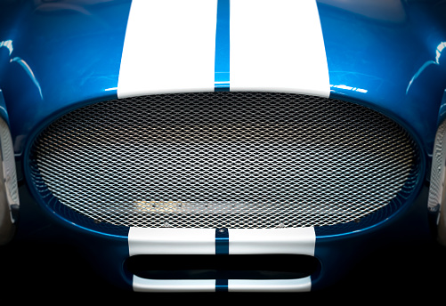 Detail of Grille of Blue and White Striped Classic Car